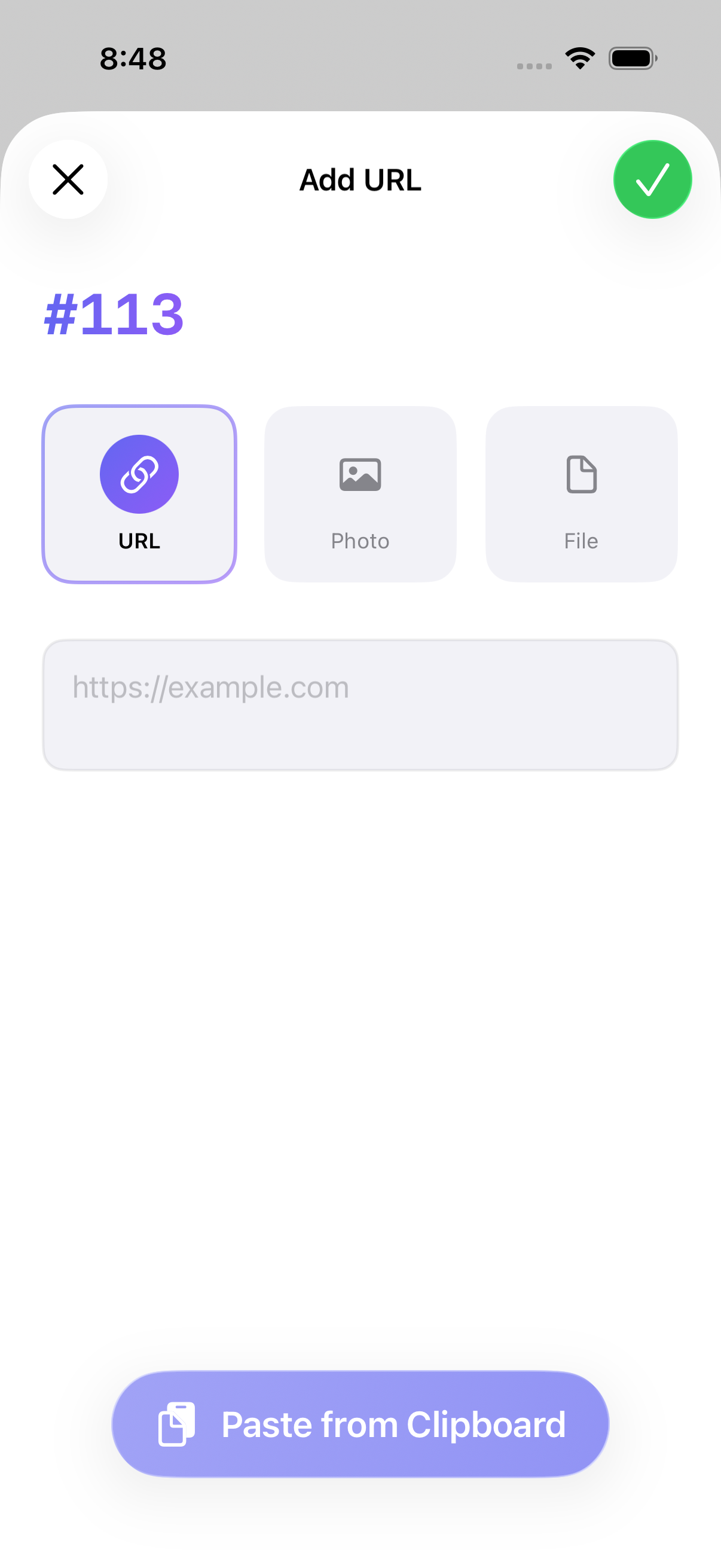 Numly add screen showing URL, Photo, and File options