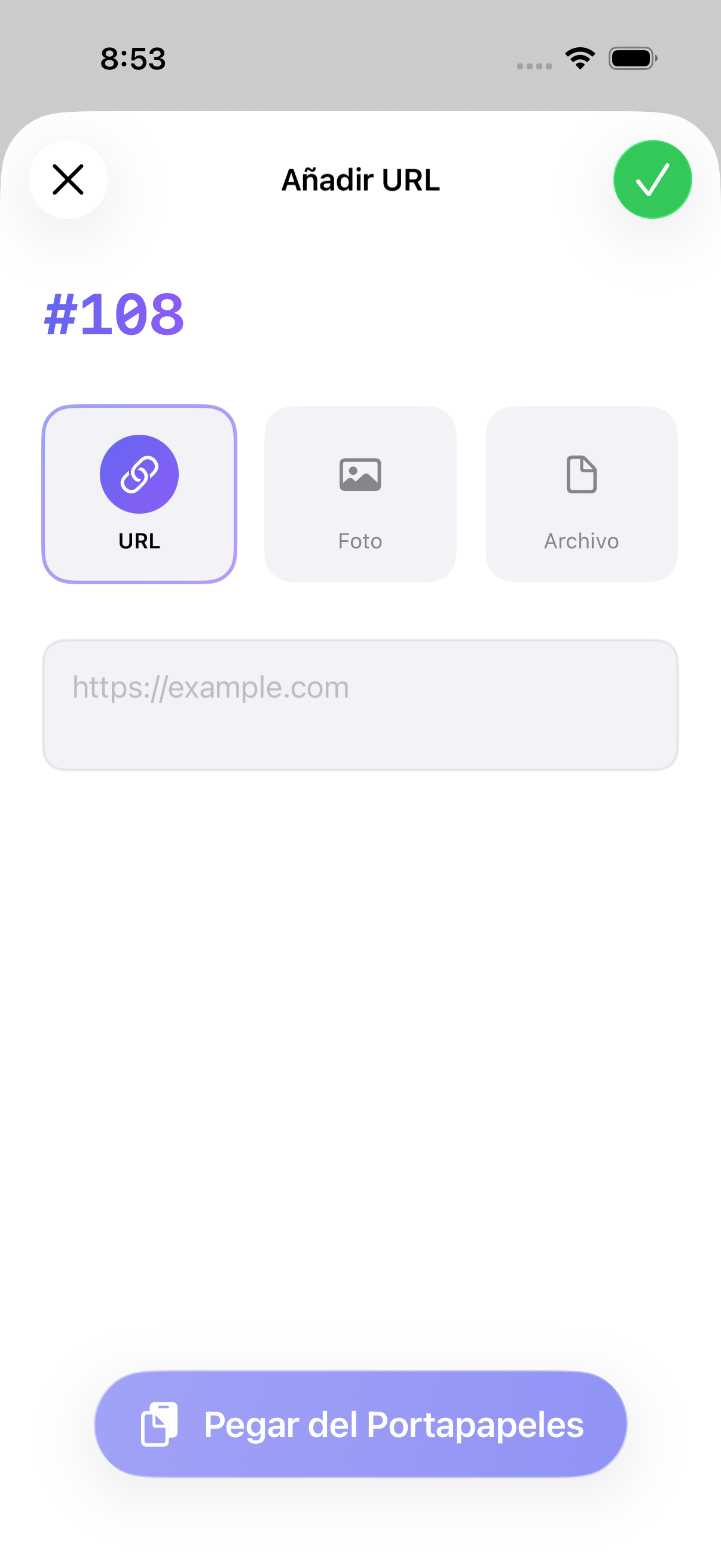Pantalla de añadir de Numly mostrando opciones de URL, Foto y Archivo