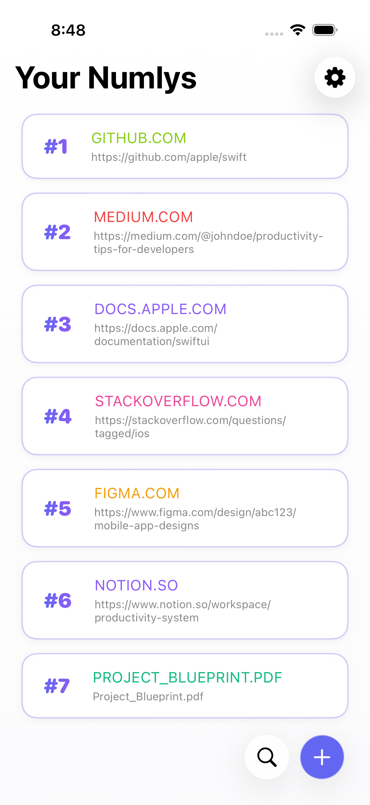 Numly app showing numbered content list with links and files