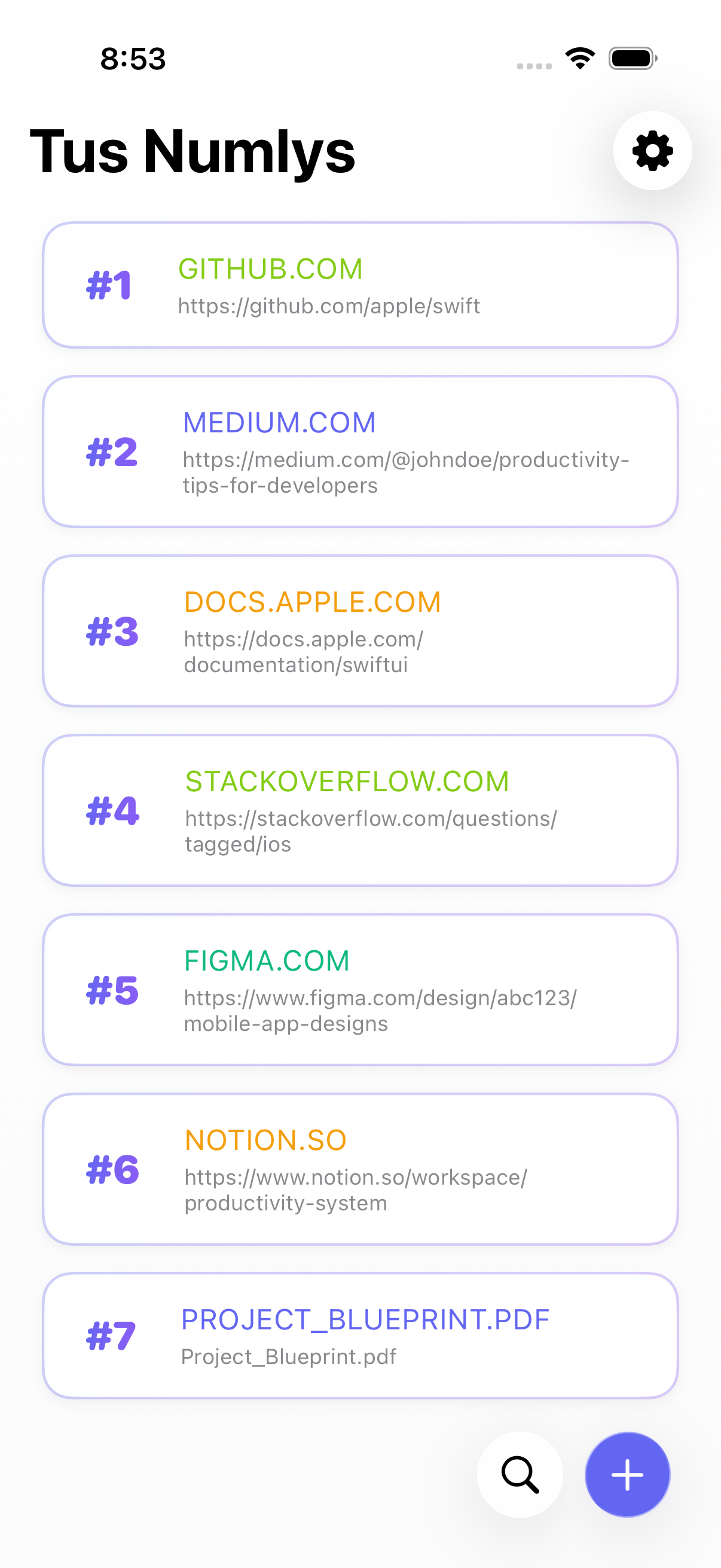 App Numly mostrando lista de contenido numerado con enlaces y archivos
